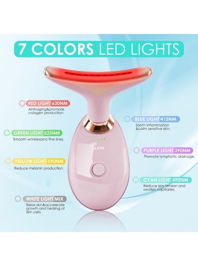 جهاز تدليك كهربائي للوجه والرقبة، مساج كهربائي للوجه والرقبة، مساج محمول عالي التردد لشد الوجه بالتدليك الحراري عالي التردد، علاج بالضوء الأحمر للوجه والرقبة، جهاز تدليك الوجه EMS للوجه مع 7 ألوان وردى - Image 2